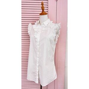 Banana Republic Size 10 Top White Sleeveless Riley Ruffle Stretch Cotton Buttons